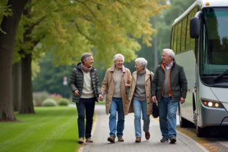 Groupe de seniors souriants dehors près d’un bus moderne