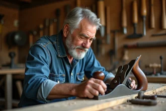 Homme de 60 ans bricoleur examinant un rabot de qualité dans son atelier en bois bien organisé