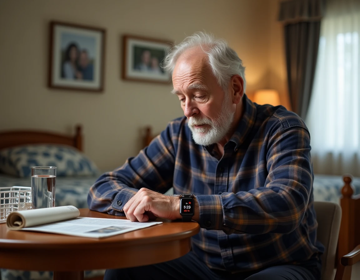 Homme âgé en chambre de maison de retraite regardant sa montre connectée affichant ses données de santé