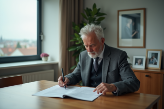 Homme âgé belge en costume gris contemplant des documents