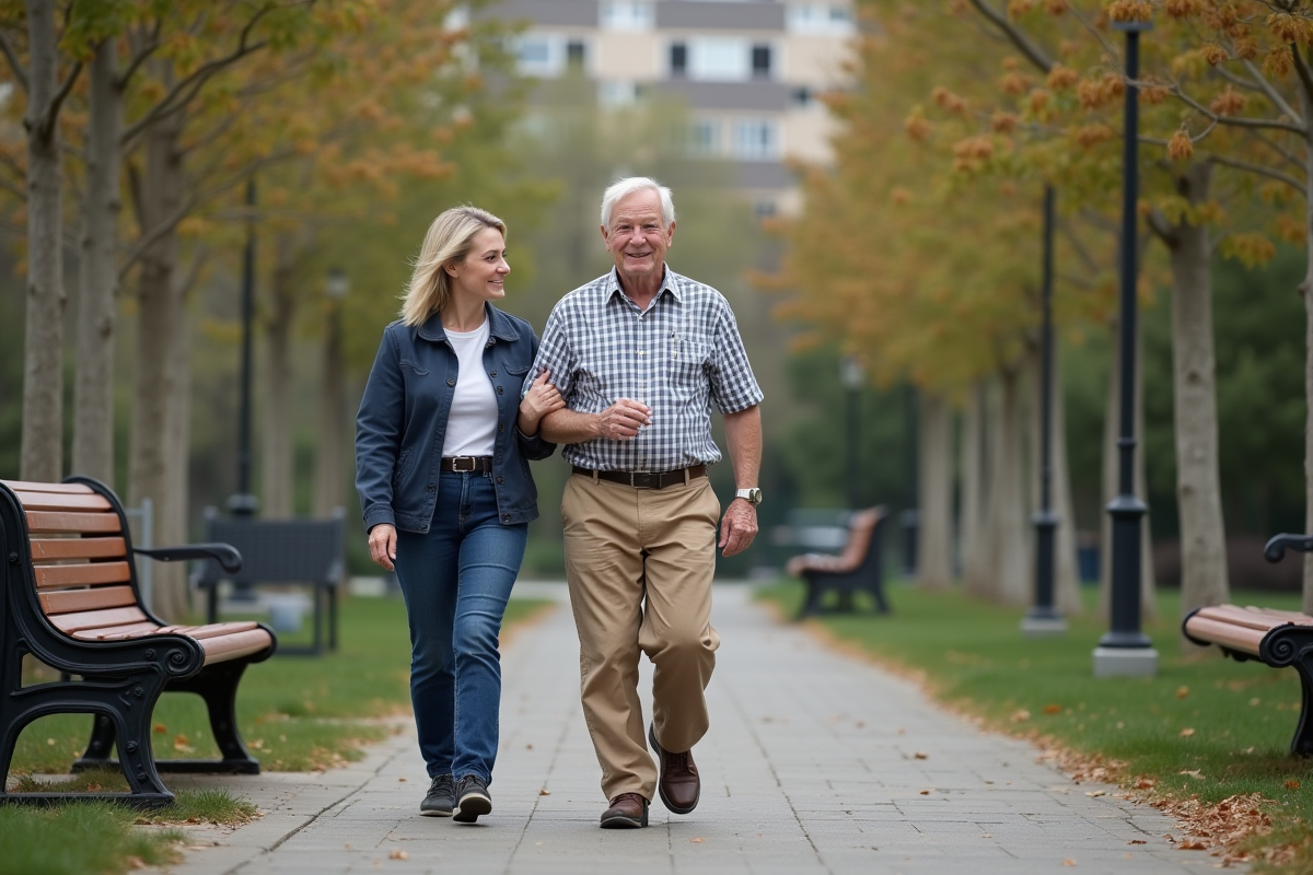 Homme âgé marchant dans un parc urbain avec une aidante