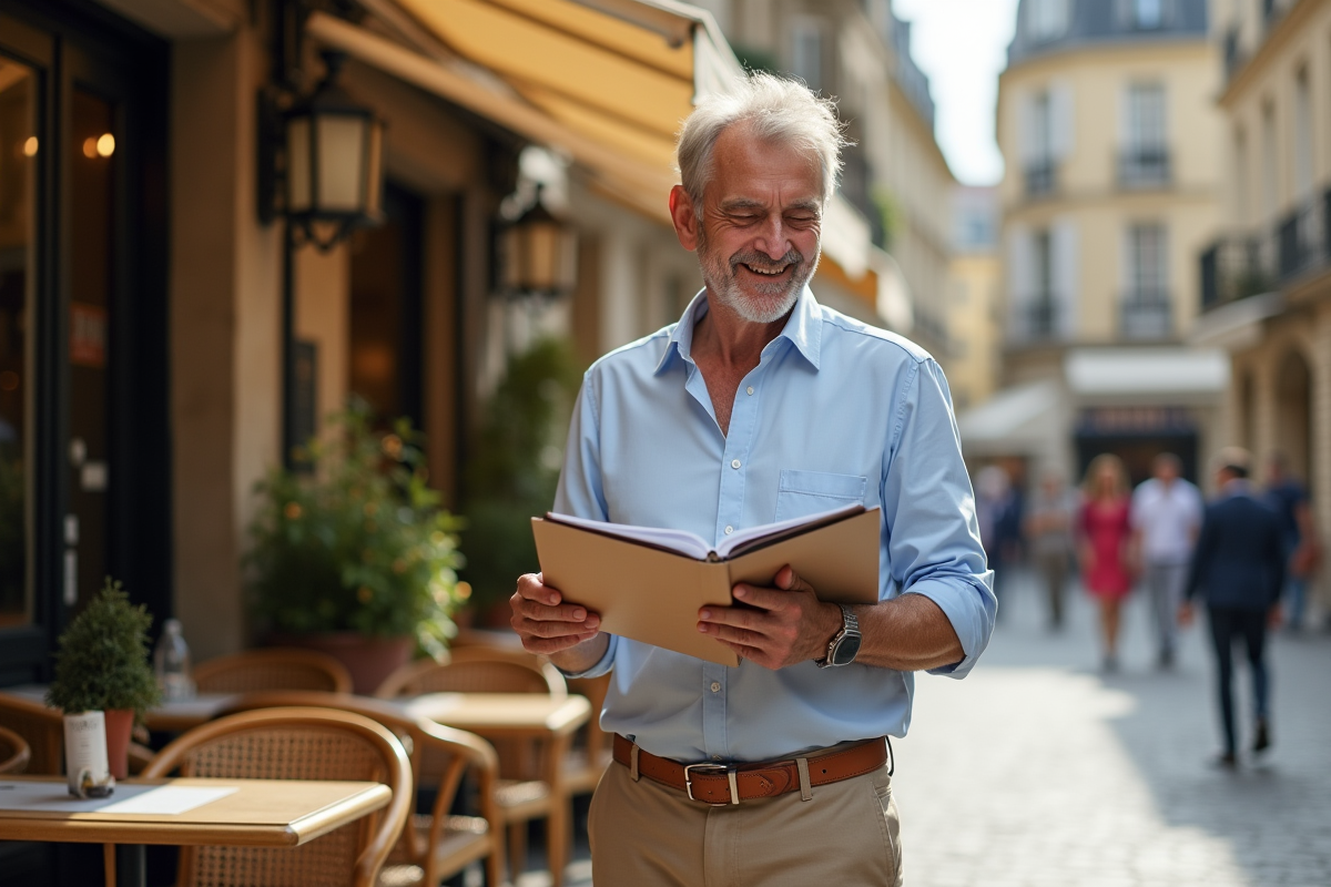 Homme détendu dans un café parisien ensoleillé