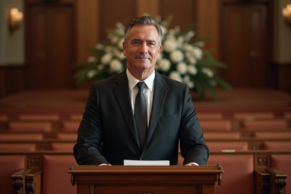 Homme funeraire en costume sombre dans une chapelle chaleureuse