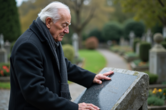 Homme âgé touchant une plaque en granite dans un cimetière paisible