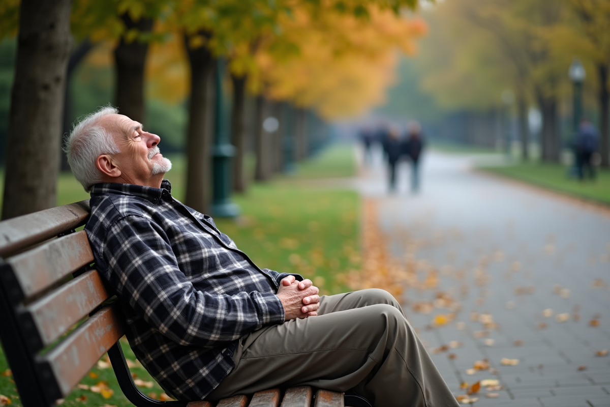 Homme agee dormant sur un banc dans un parc