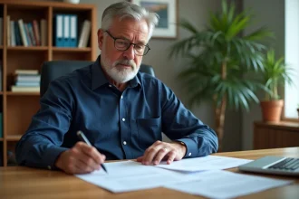 Homme d'une cinquantaine d'années consultant des documents de retraite sur un bureau en bois avec une calculatrice
