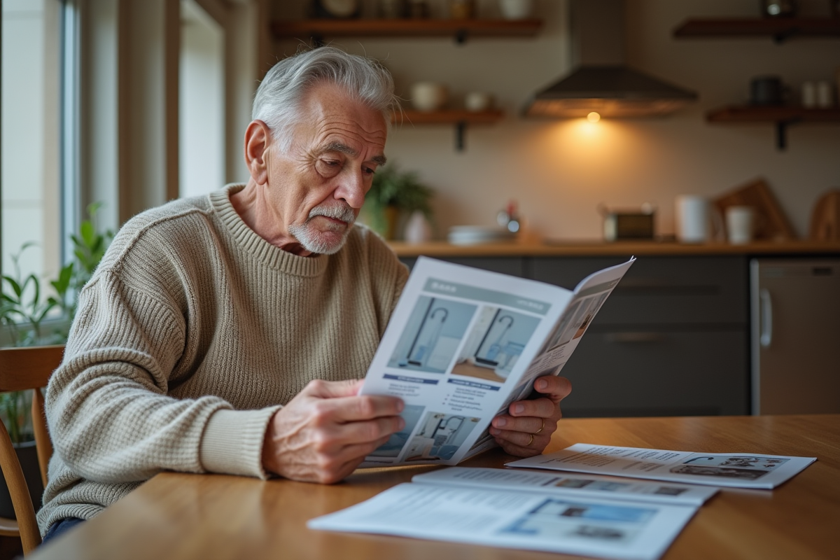 Homme senior étudie un catalogue de douches dans la cuisine