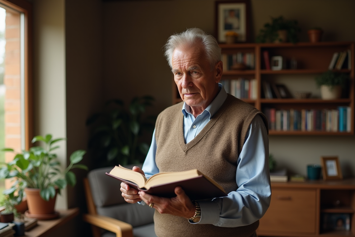 Homme agee lisant un journal dans un salon lumineux
