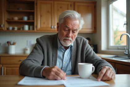 Homme âgé de 63 ans examine des papiers dans la cuisine lumineuse