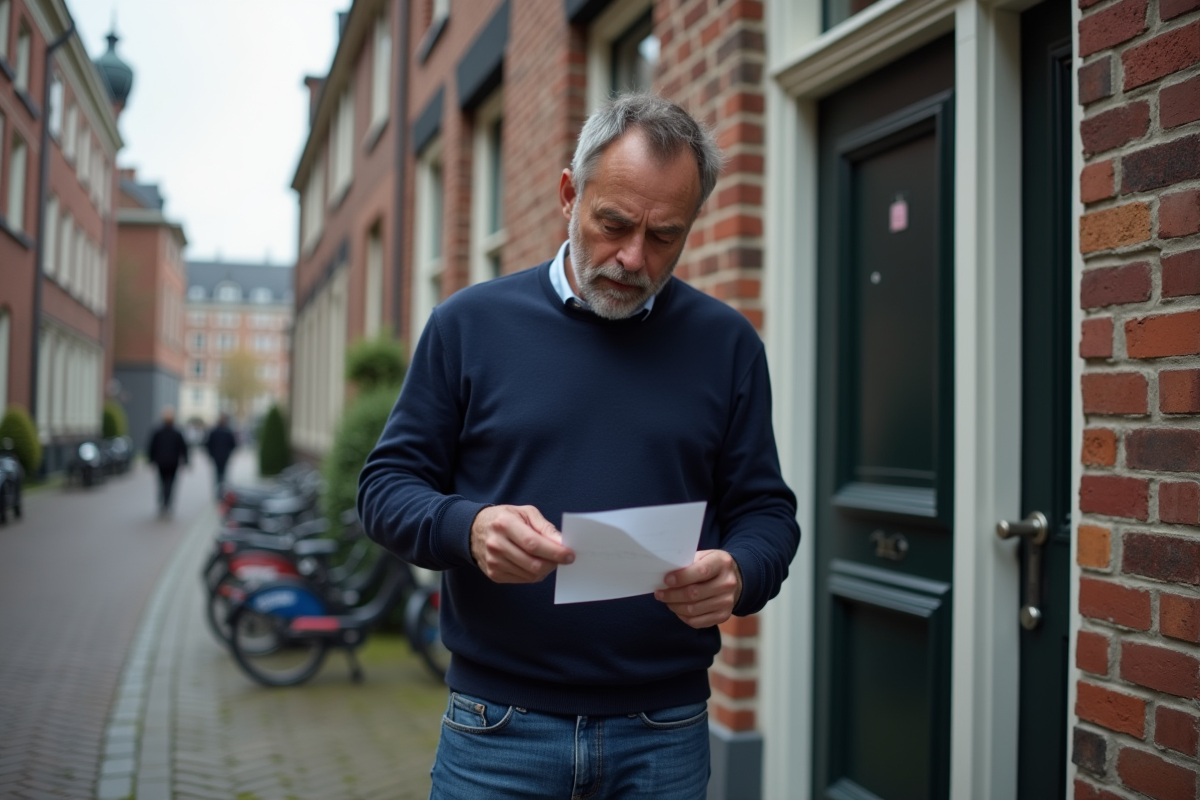 Homme belge en jeans regardant une lettre devant une maison en brique