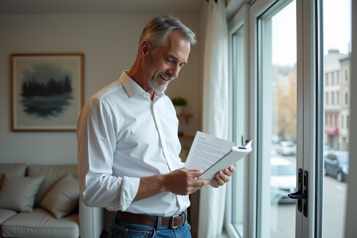Homme regardant une lampe de phototherapie dans un salon moderne