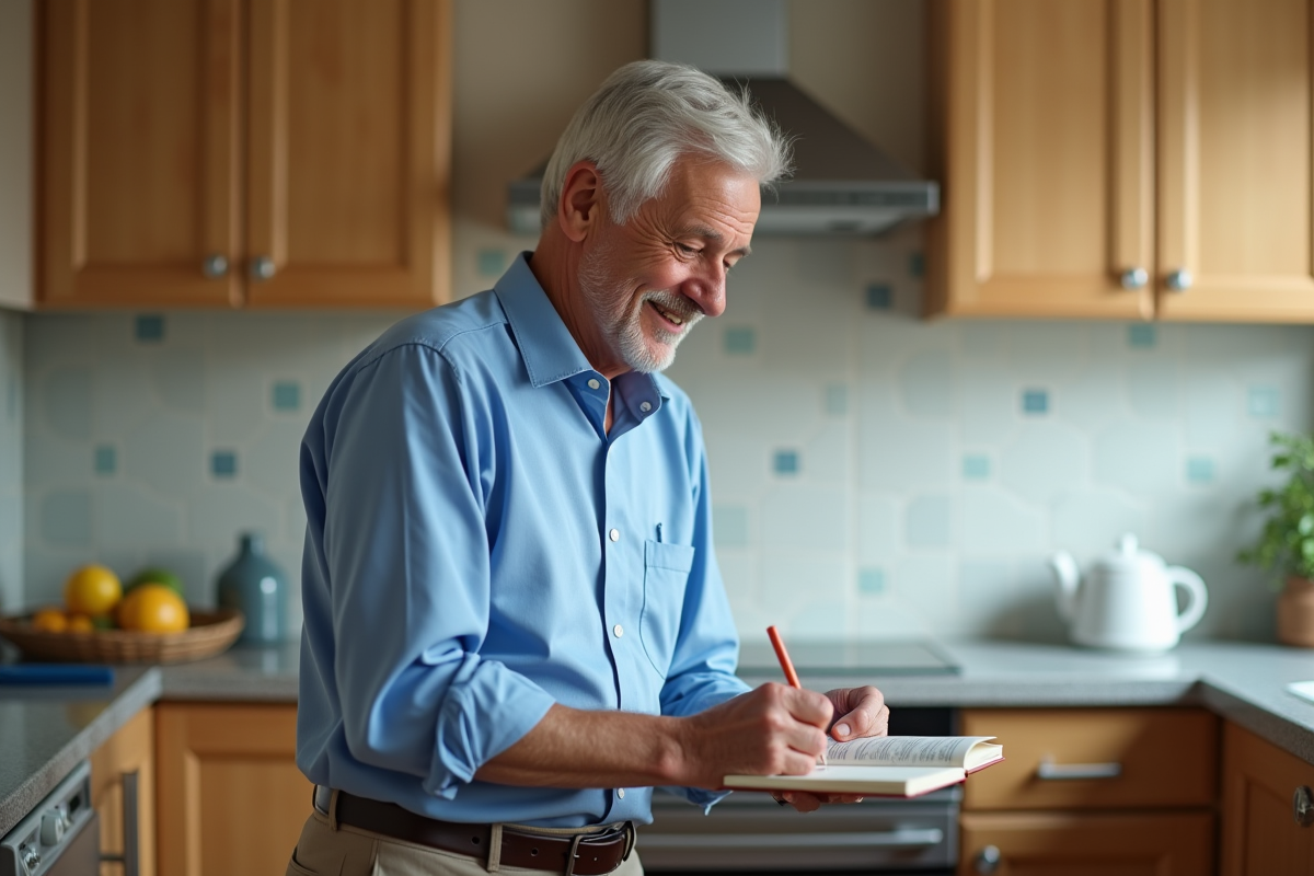 Homme âgé écrivant dans un journal en cuisine