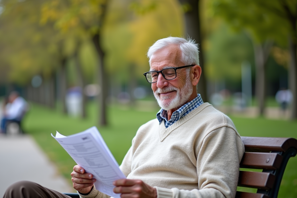 Homme senior lisant son relevé de pension dans un parc