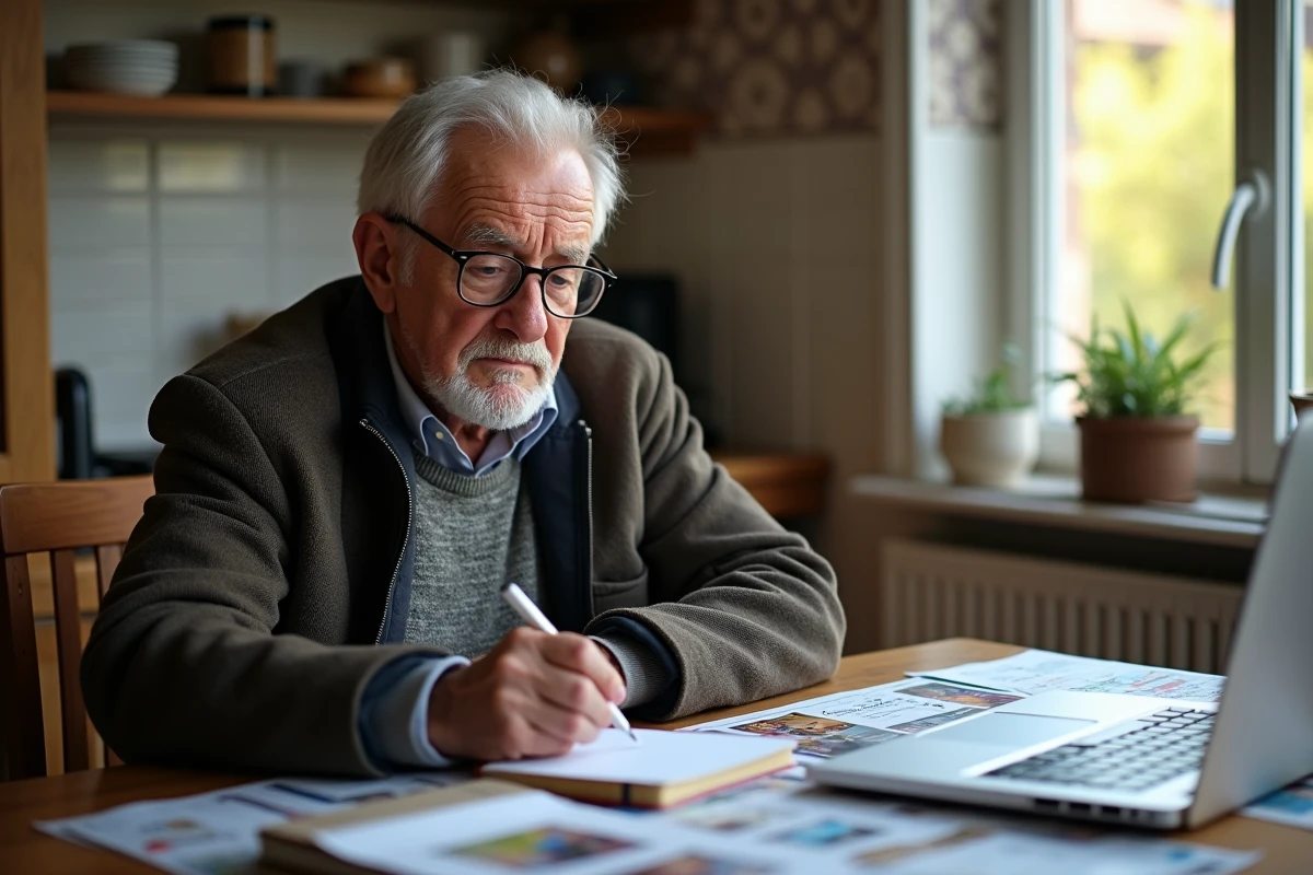 Homme âgé consulte ses documents à la maison