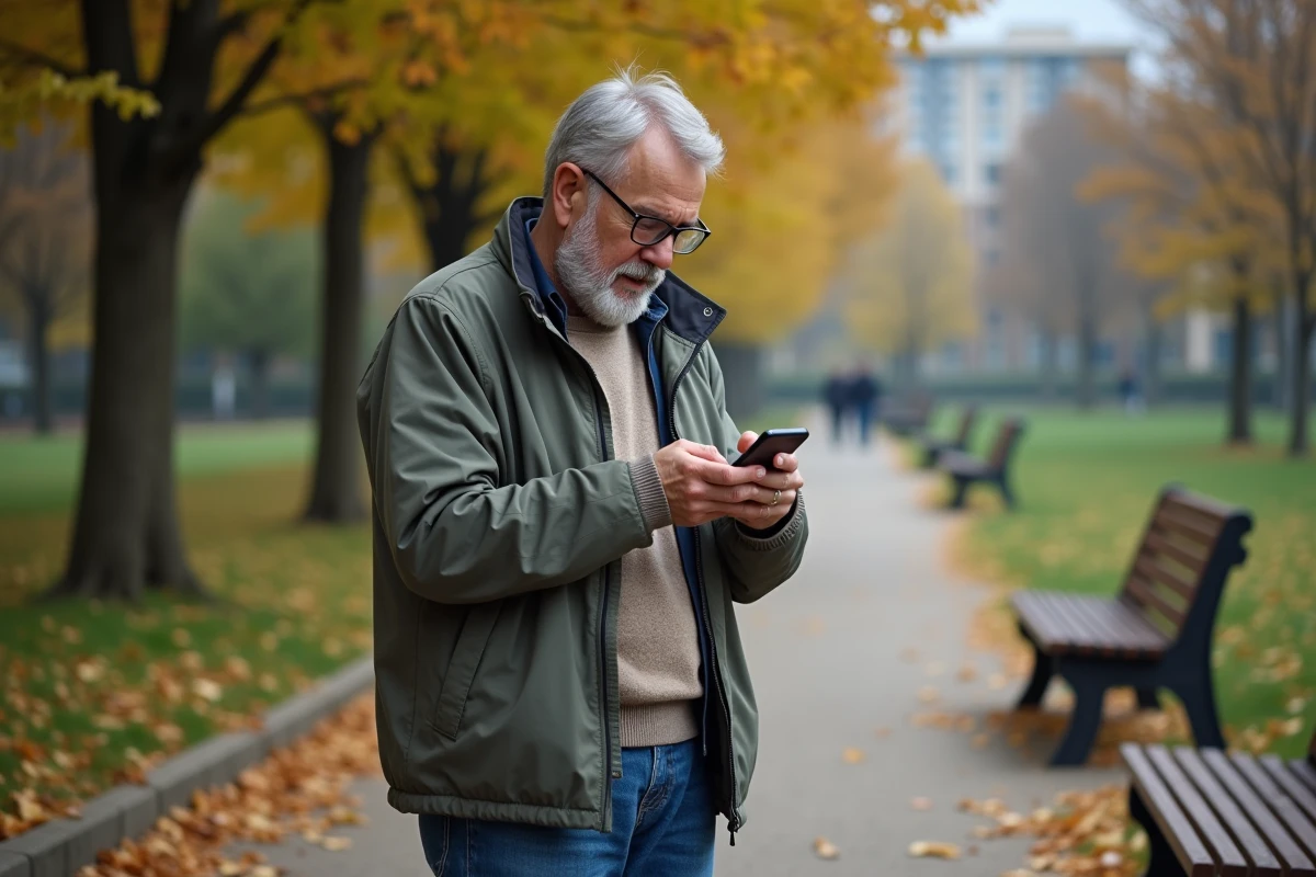 Homme âgé regardant son smartphone dans un parc