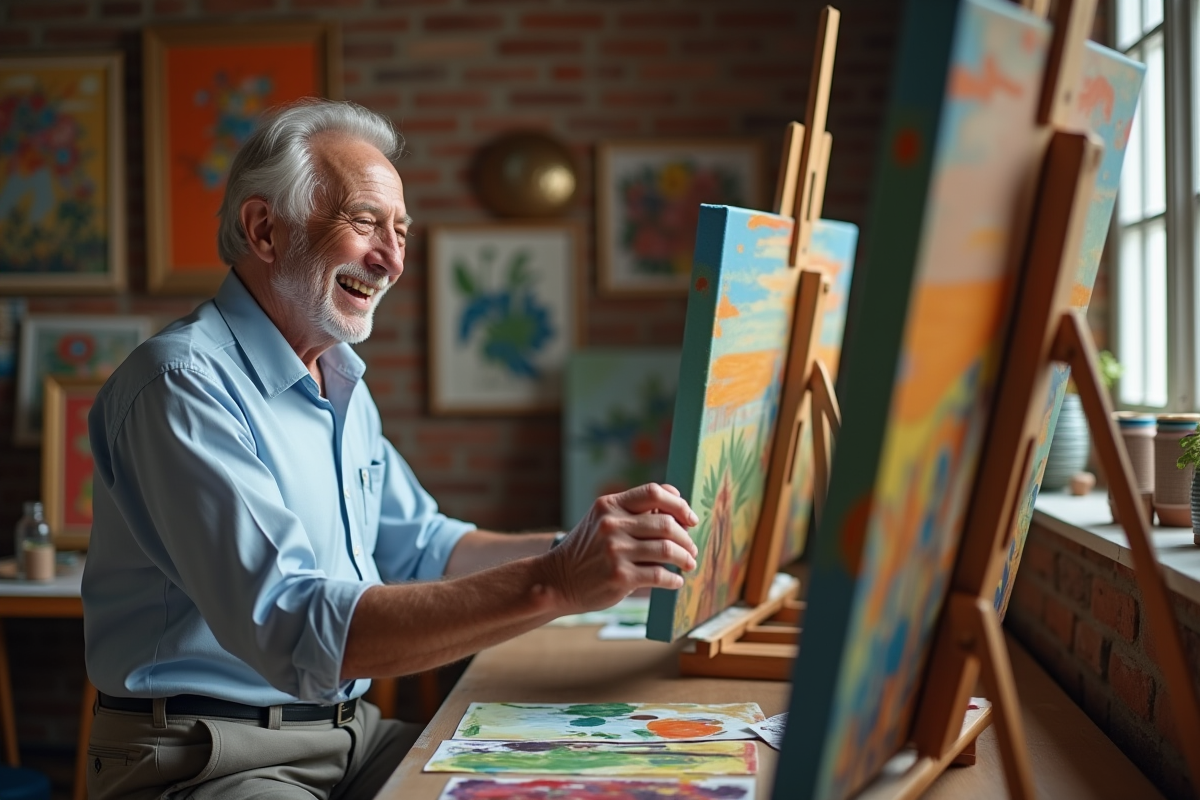 Homme âgé en train de peindre dans un atelier créatif