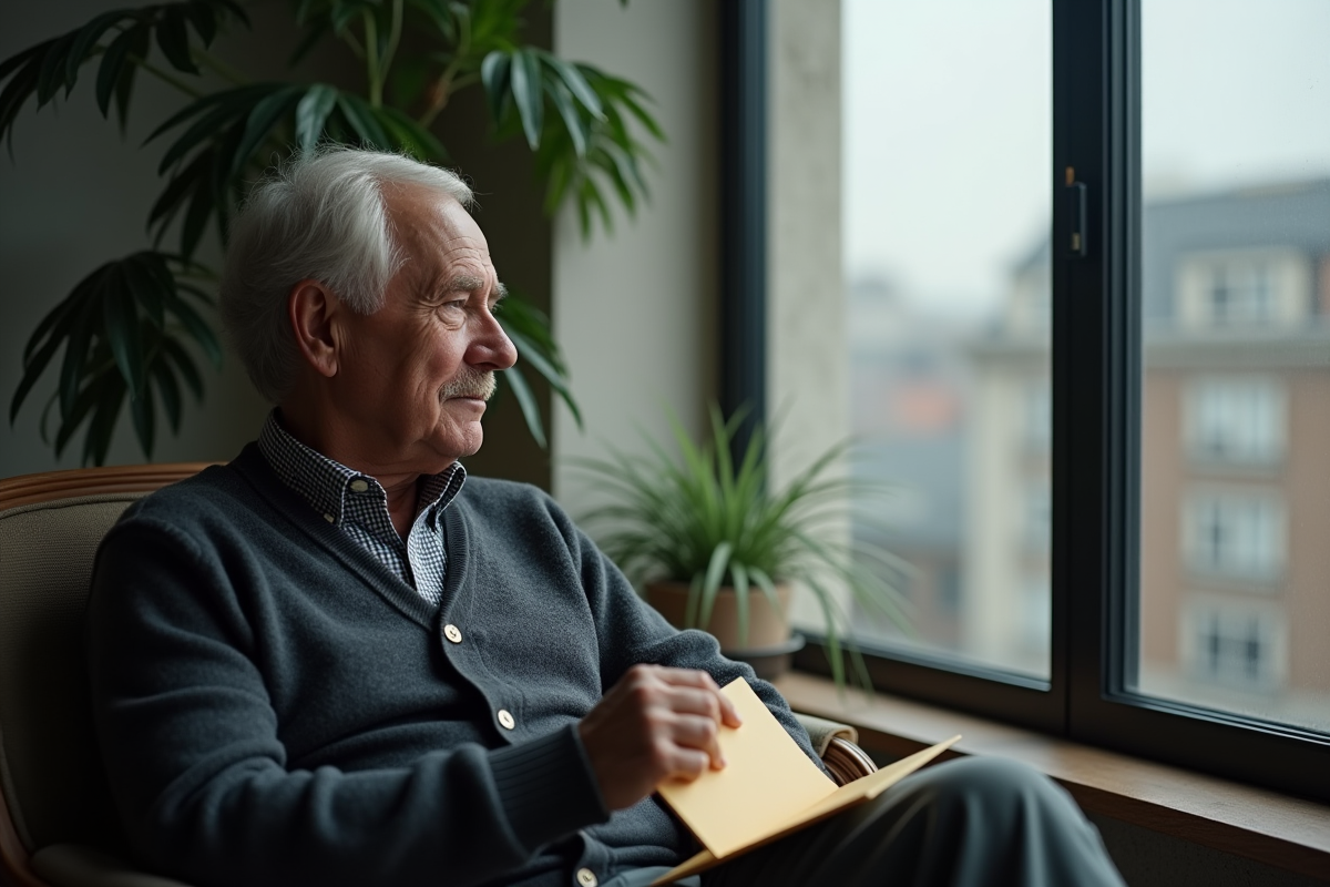 Homme âgé regardant par la fenêtre avec une enveloppe