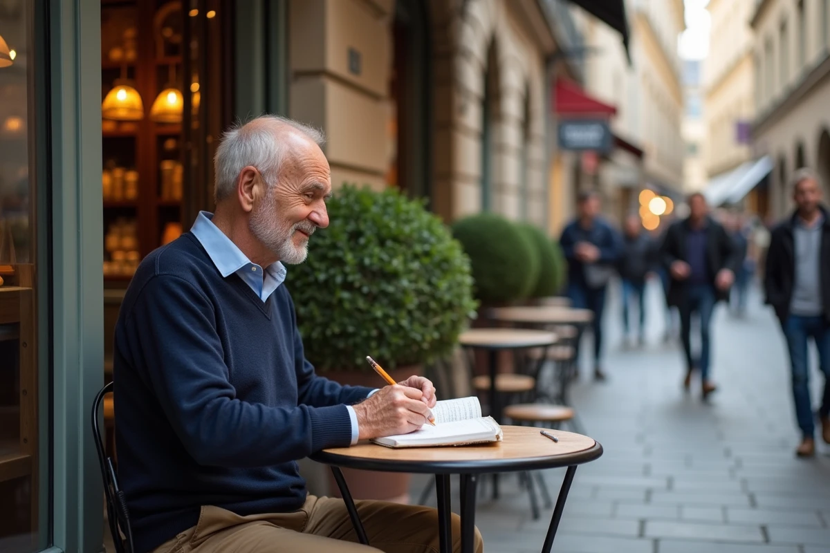 Homme retraité écrivant au café devant une boulangerie
