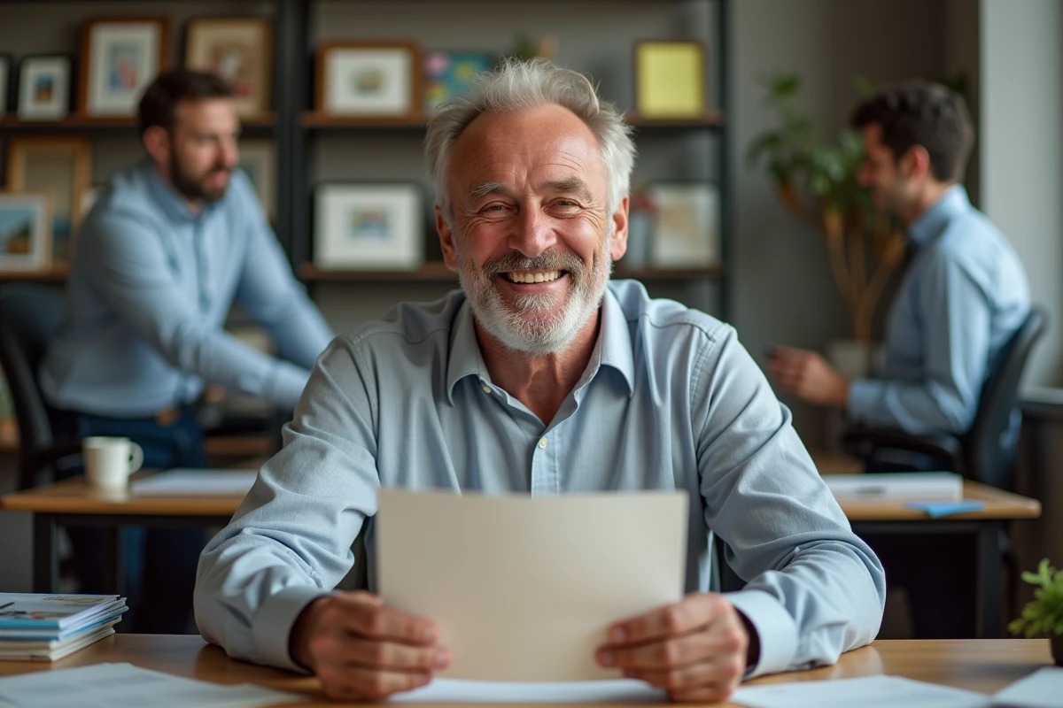 Homme à la retraite lisant une carte humoristique de départ avec un grand sourire entouré de ses collègues au bureau