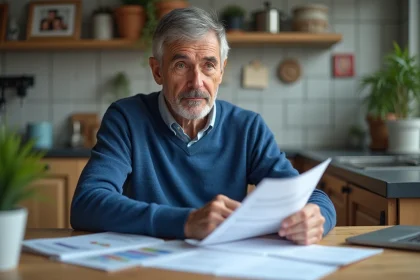 Homme âgé examinant ses documents fiscaux dans une cuisine moderne