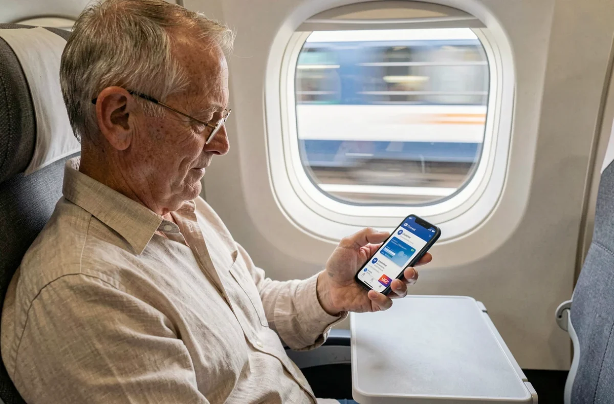 Homme senior consultant sa carte SNCF dématérialisée sur l'application mobile SNCF Connect dans un TGV