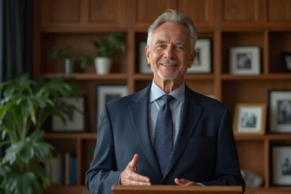 Homme senior en costume donnant un discours de retraite
