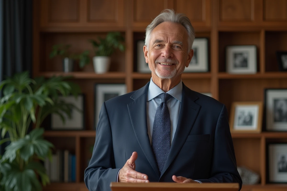 Homme senior en costume donnant un discours de retraite