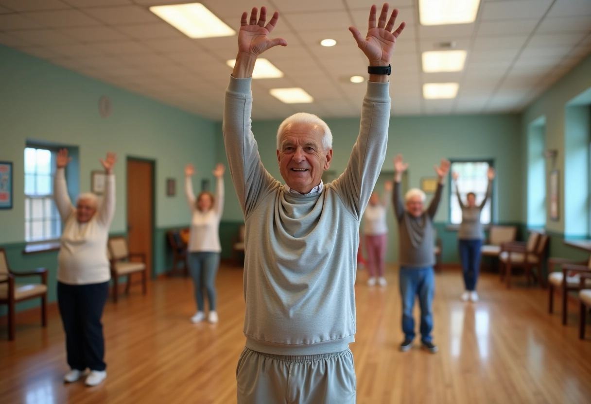 Homme senior faisant un étirement dans une salle de fitness communautaire