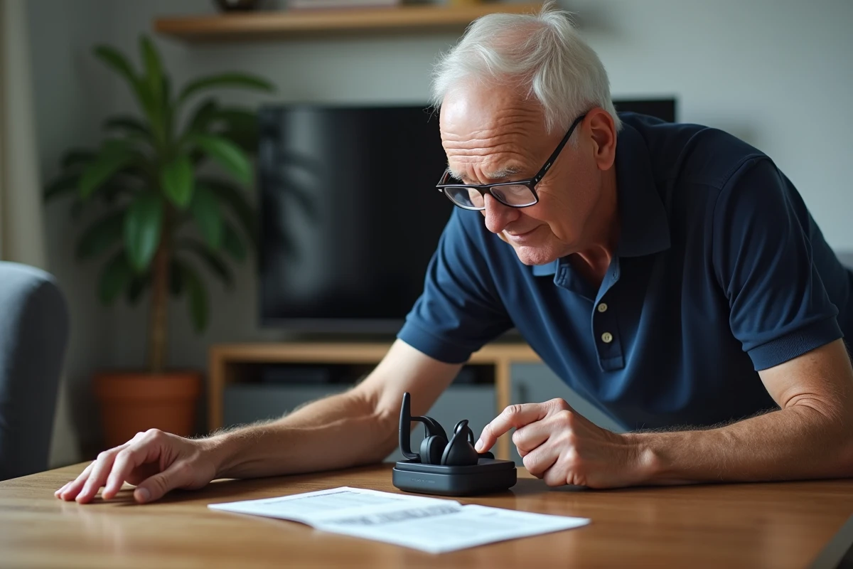 Homme âgé consultant le guide d'utilisation de son casque TV sans fil