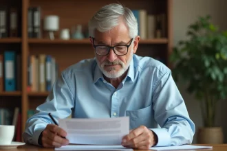 Homme senior relisant attentivement une lettre de départ à la retraite à son bureau à domicile