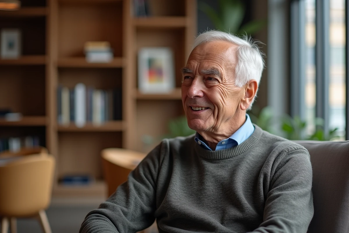 Homme senior en conversation dans un lounge moderne