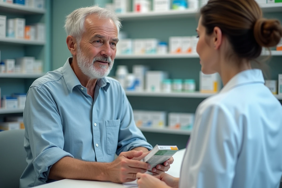 Homme senior de 72 ans en conversation avec une pharmacienne au sujet des effets secondaires d'un complément en zinc