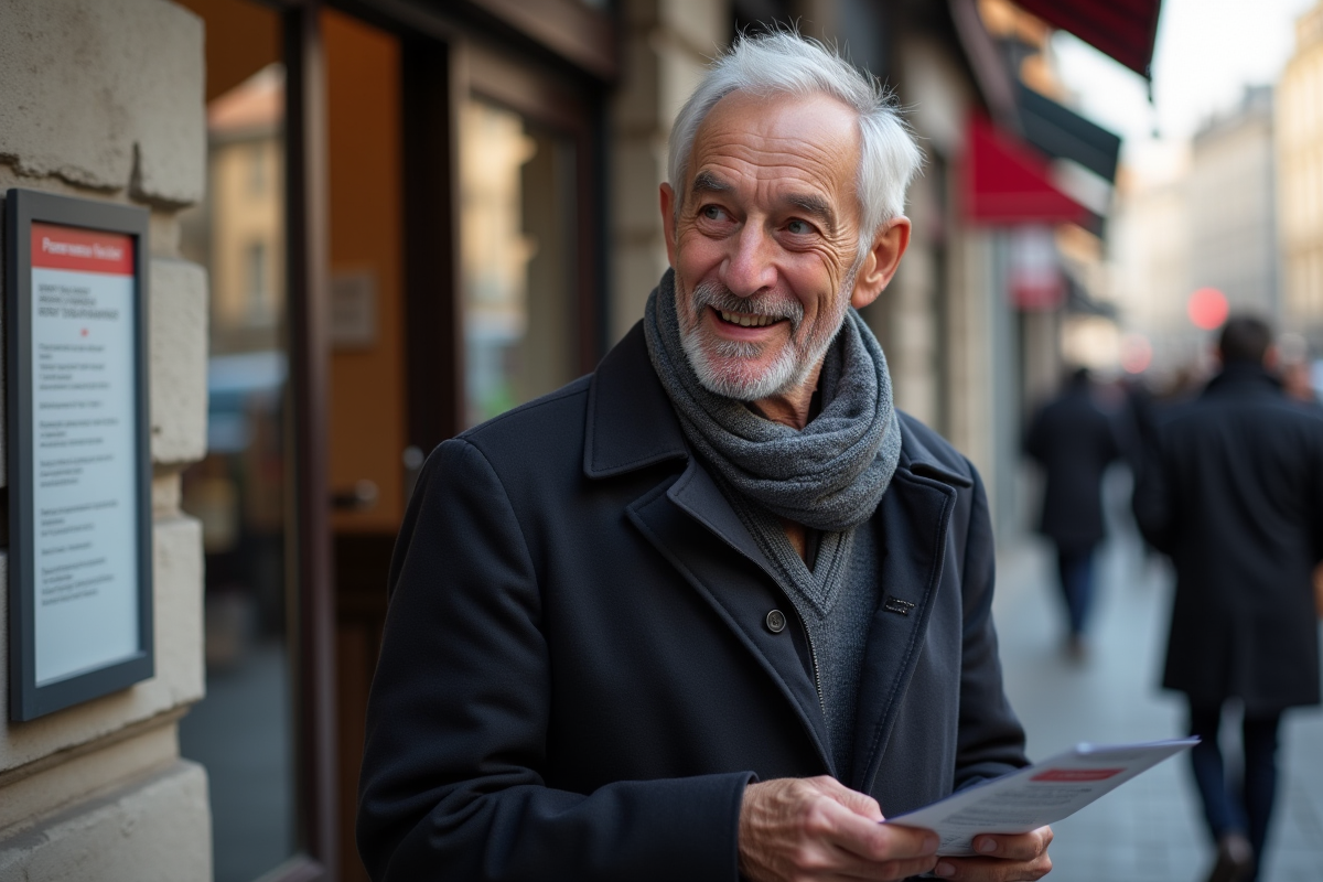 Homme âgé souriant devant un bureau de poste urbain