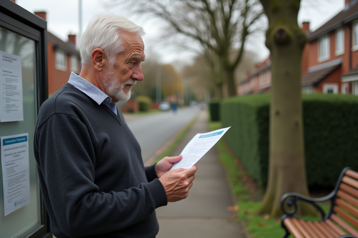 Homme âgé lisant une affiche sur la pension en extérieur