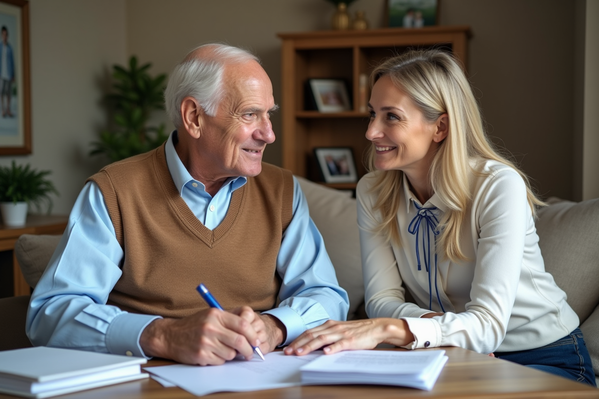 Homme âgé avec sa fille dans un salon familial chaleureux