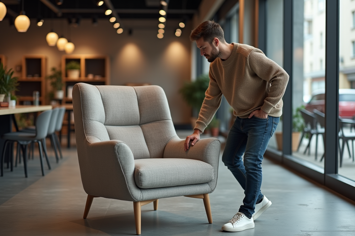 Jeune homme appuyant sa main sur un fauteuil en magasin