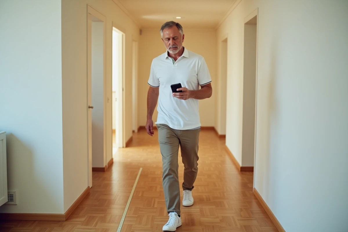 Homme de 55 ans effectuant un test de vitesse de marche dans un couloir à domicile avec un chronomètre