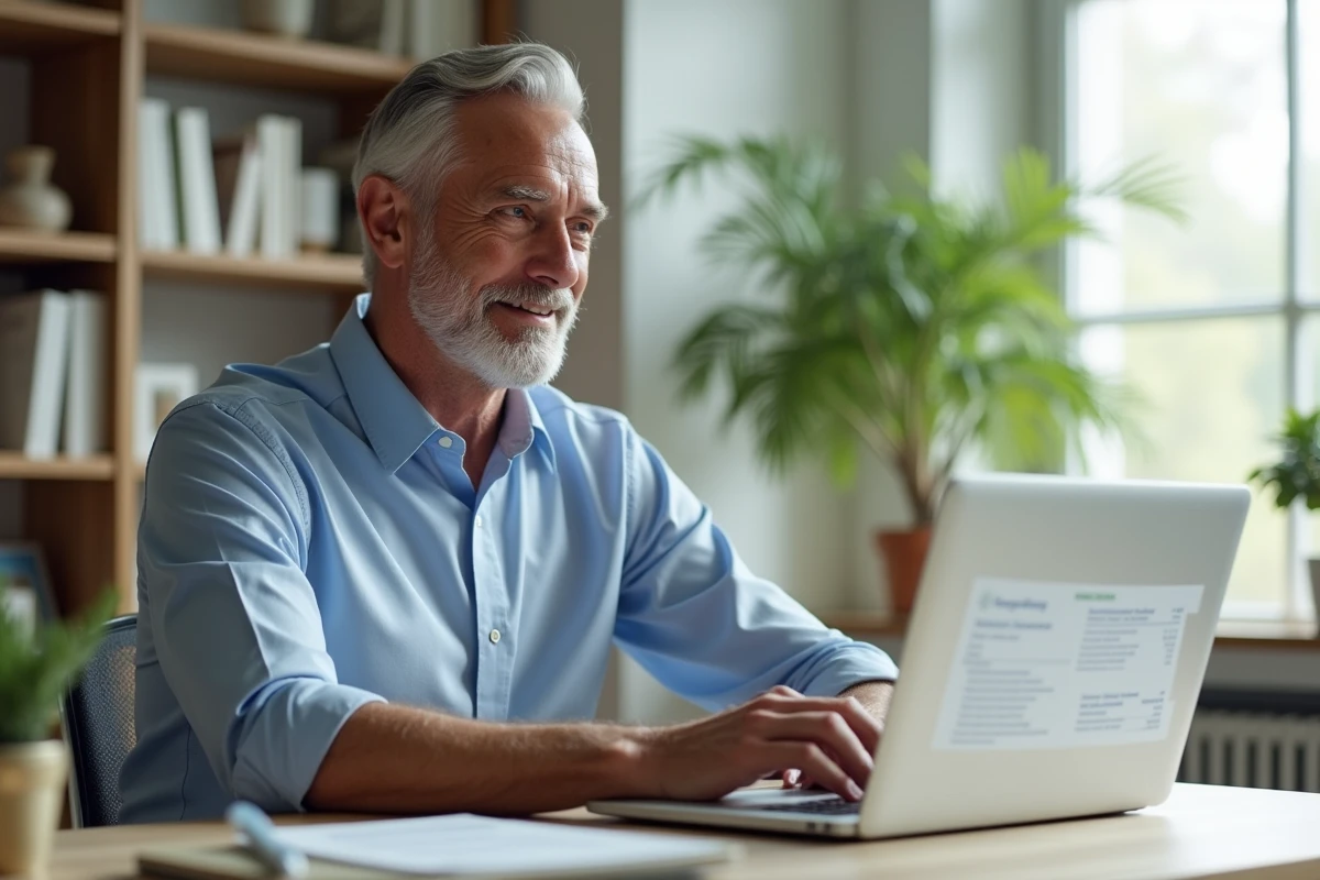 Homme d age utilisant un ordinateur dans un bureau moderne à la maison