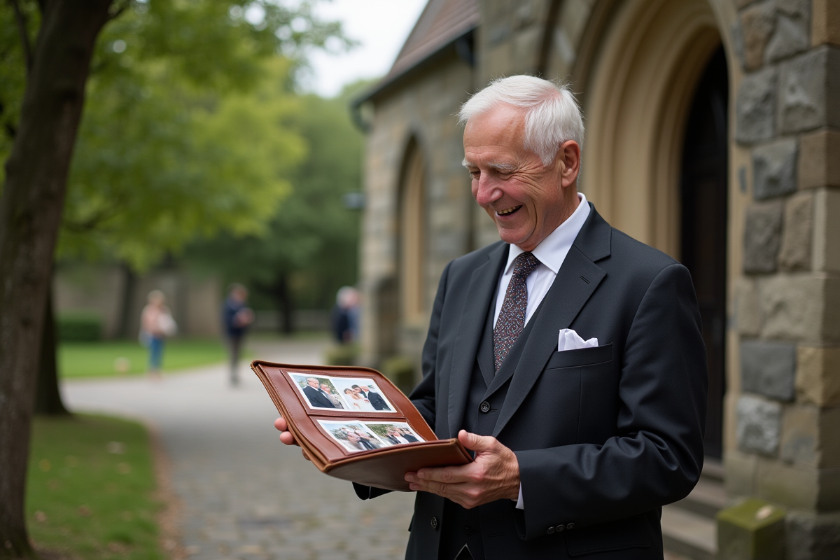 Homme âgé souriant avec album photo devant une église ancienne