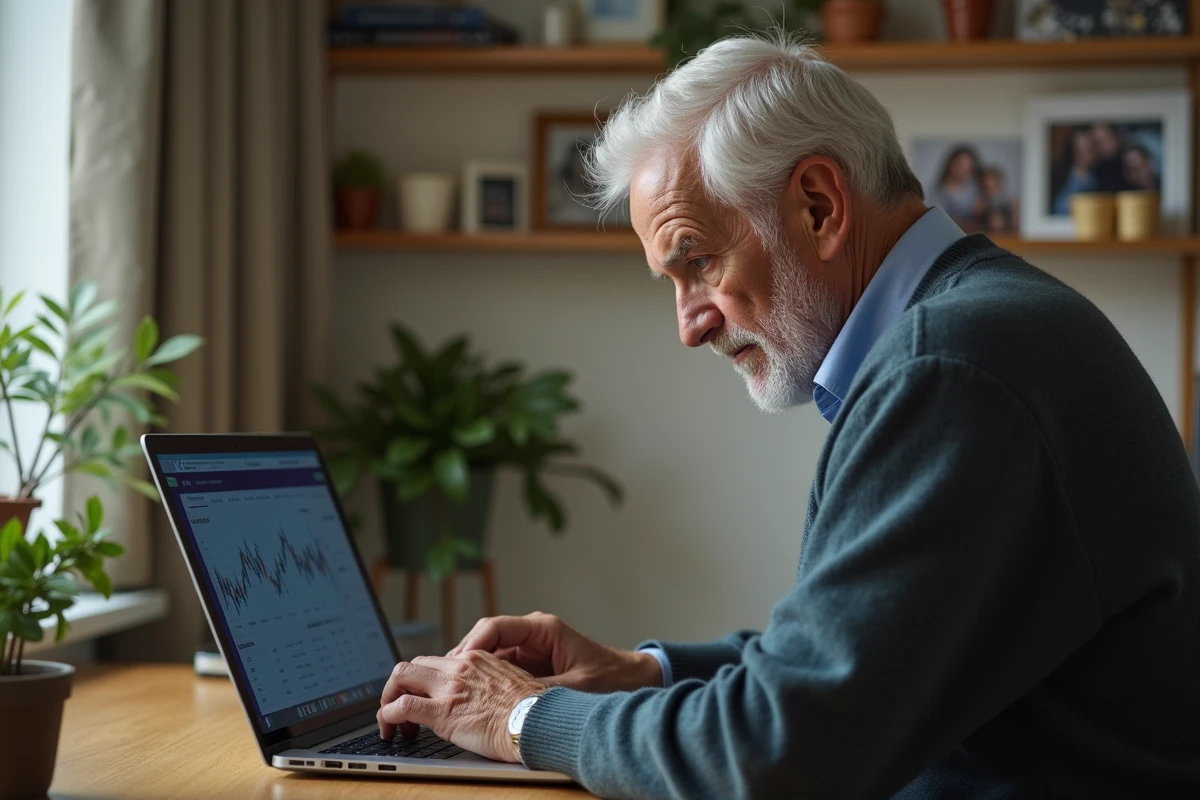 Homme âgé vérifiant ses finances sur un ordinateur portable