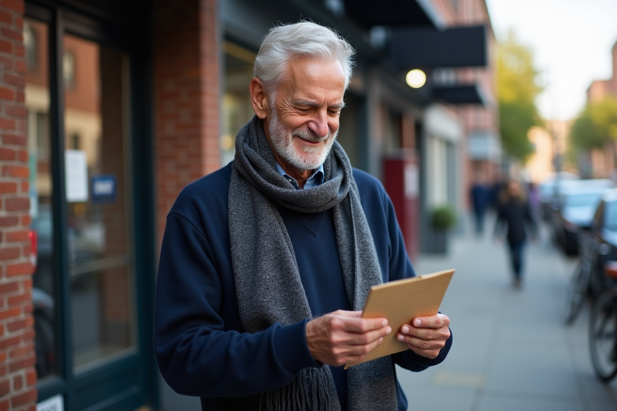 Homme retraité vérifiant une enveloppe devant un bureau de poste