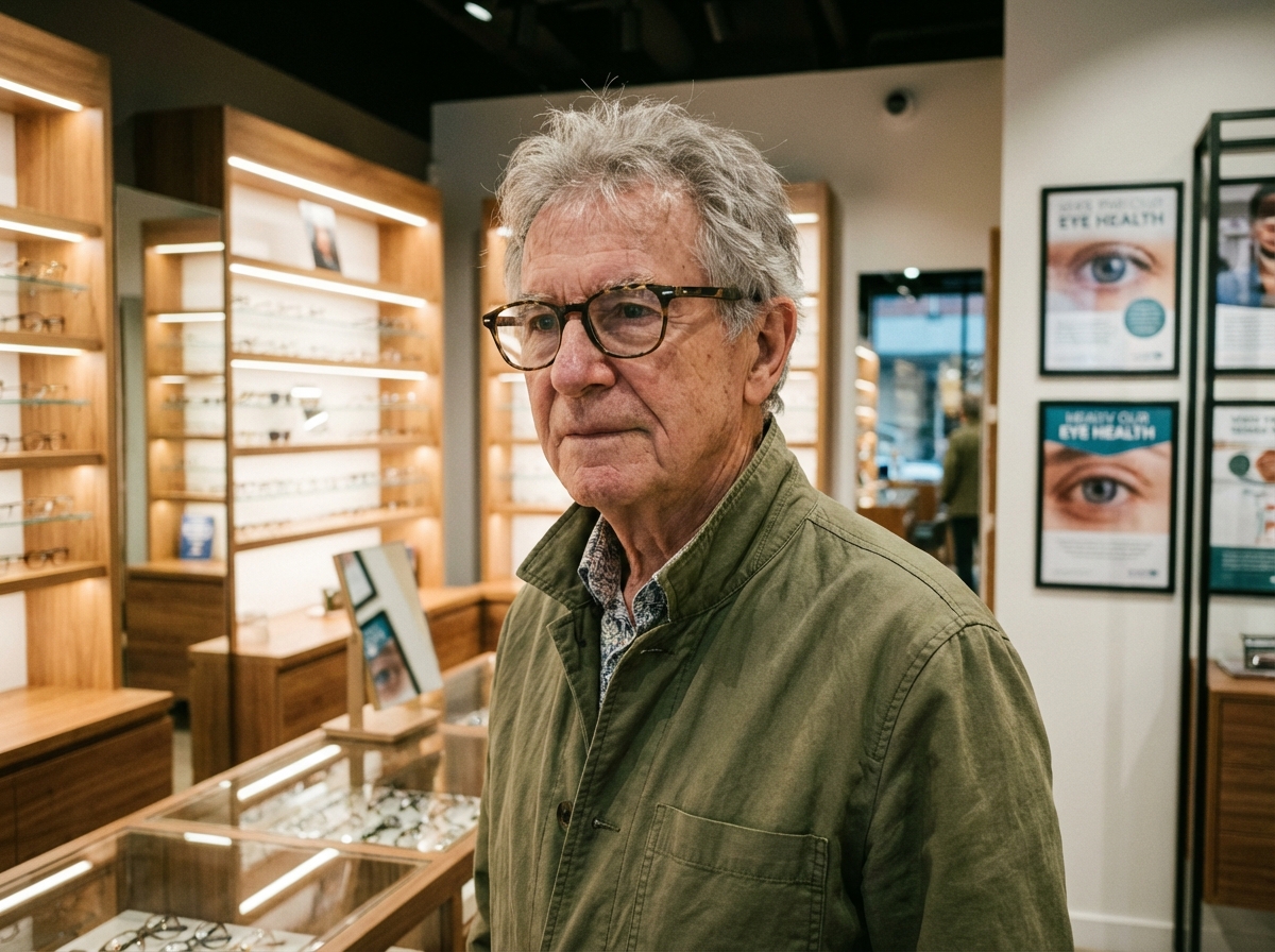 Homme âgé dans une boutique de lunettes moderne