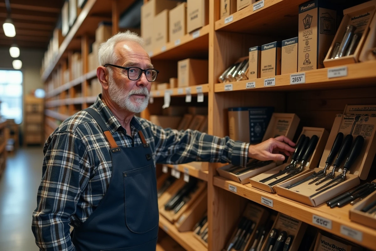 Homme de 60 ans en tablier devant un rayon de quincaillerie spécialisée avec des coffrets d'outils de qualité