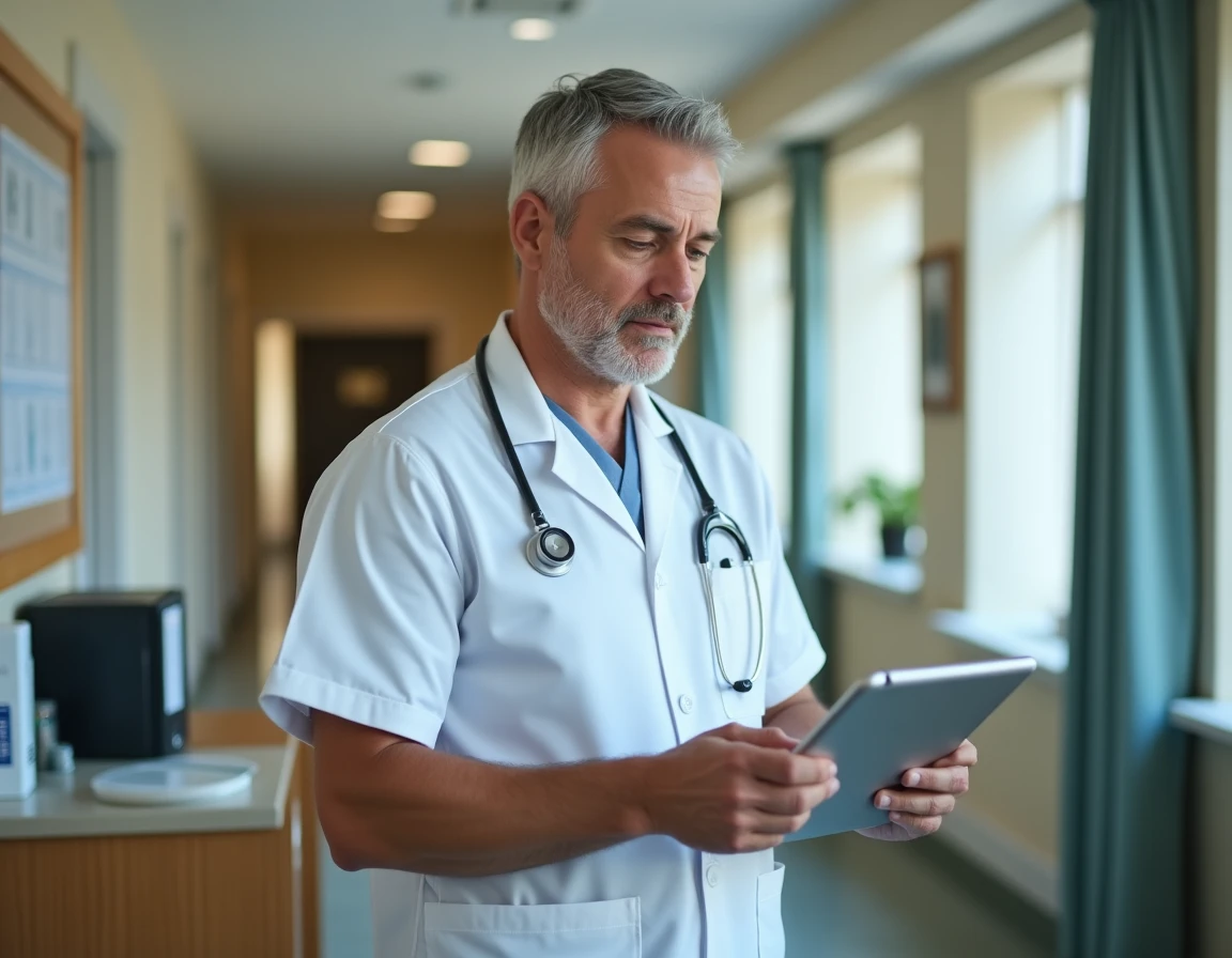 Infirmier en maison de retraite consultant les données de santé d'une montre connectée sur une tablette médicale