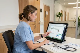 Infirmière en EHPAD consultant le logiciel NETSoins sur une tablette numérique au poste de soins