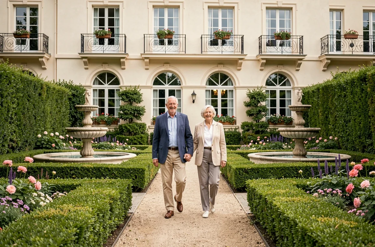 Couple de seniors se promenant dans les jardins soignés des Jardins d'Arcadie de Vernon