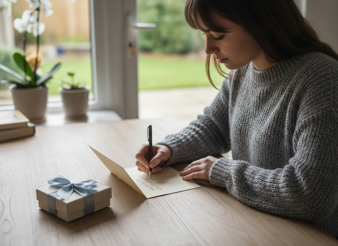 Jeune femme écrivant une carte de condoléances dans un intérieur