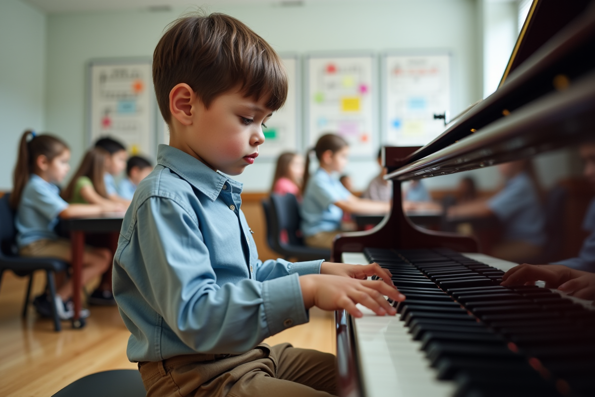 Jeune garçon pratiquant le piano dans une école de musique