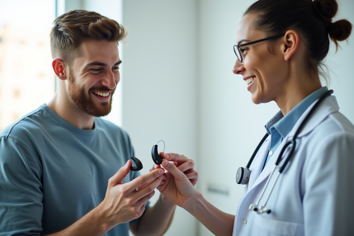 Jeune homme souriant avec audiologiste dans une clinique