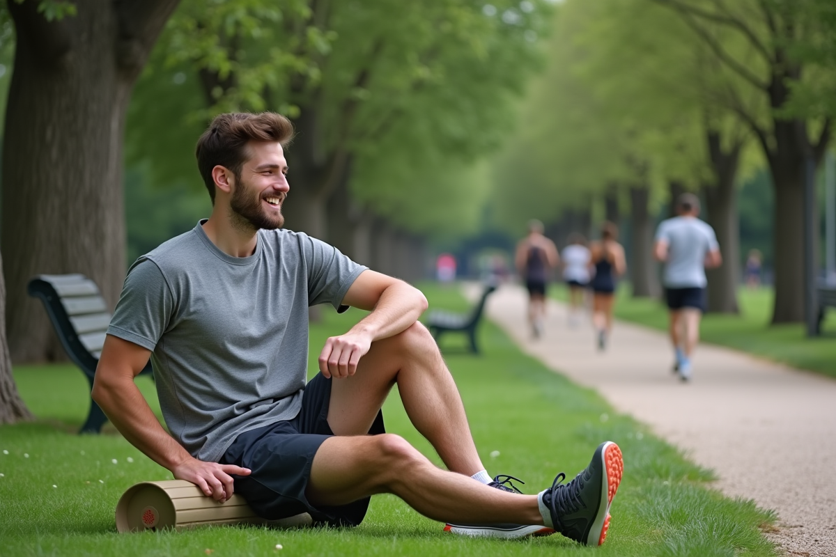 Jeune homme utilisant un foam roller dans un parc
